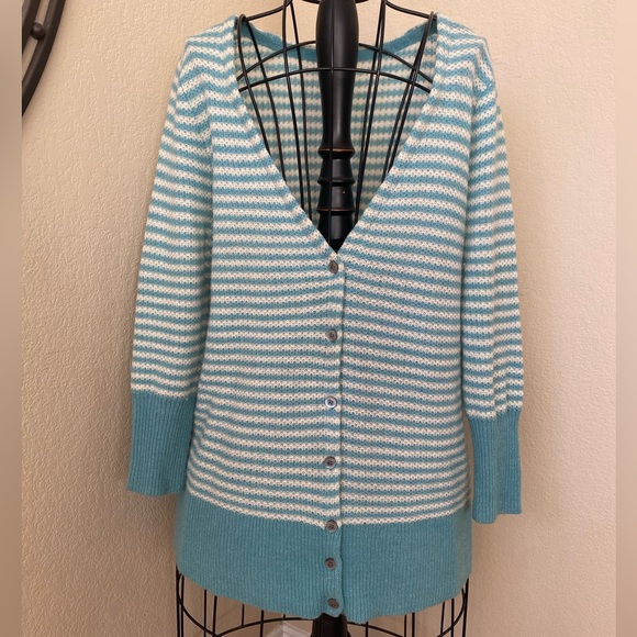 Sundance Lambswool Blend Striped BlueWhite VNeck Button Front Sweater Cardigan L - Picture 1 of 10